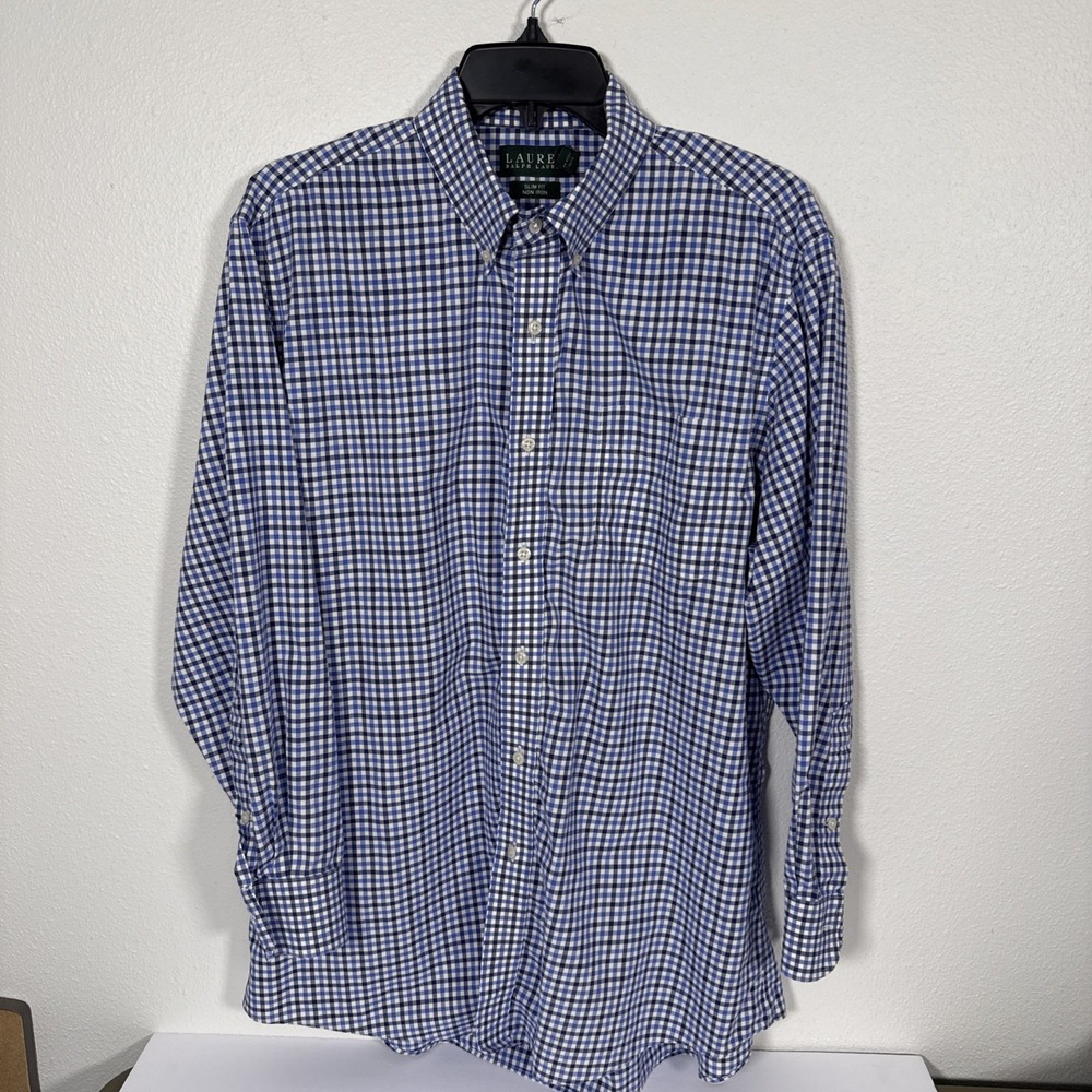 Lauren Ralph Men's Button Down Shirt Blue Check Size‎ 17 32/33 No Iron D2